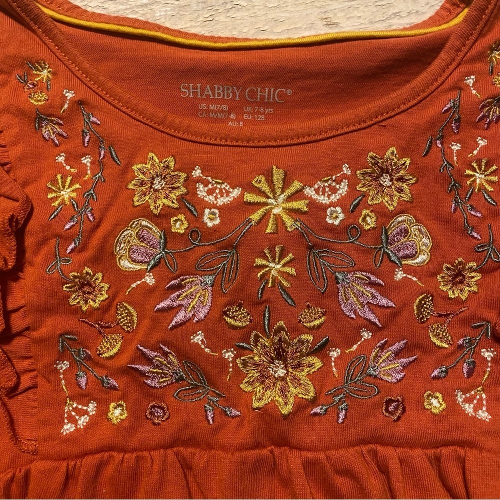 Shabby Chic Orange Floral Embroidered Ruffle Top - Picture 2 of 4